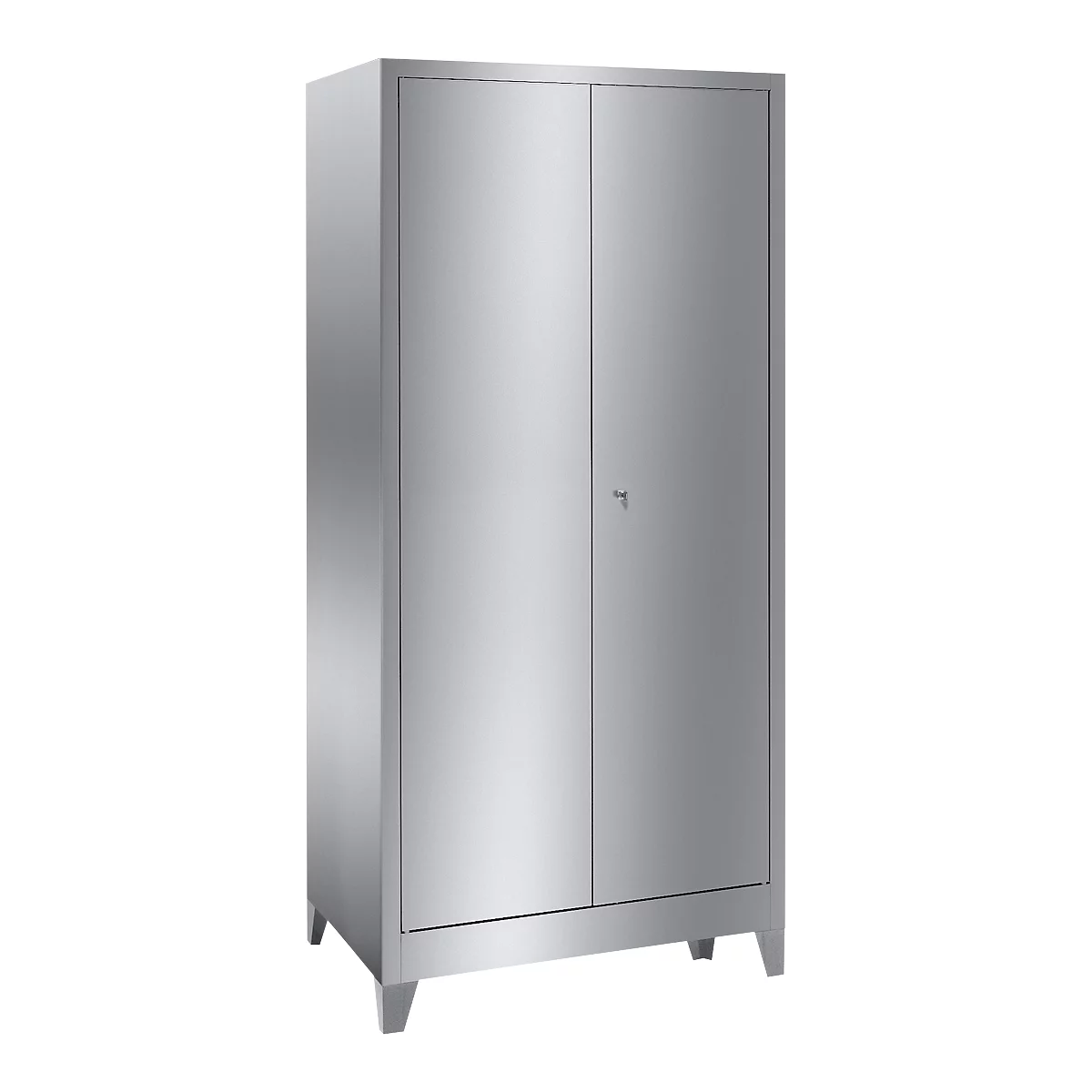 Stainless steel cabinet with two doors and a keyhole, standing on small feet.