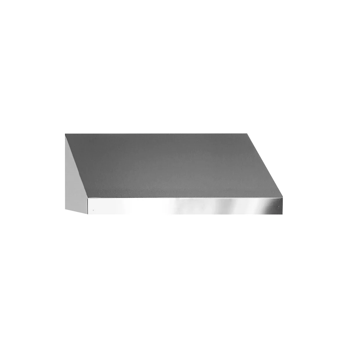 Stainless steel range hood, angled shape.