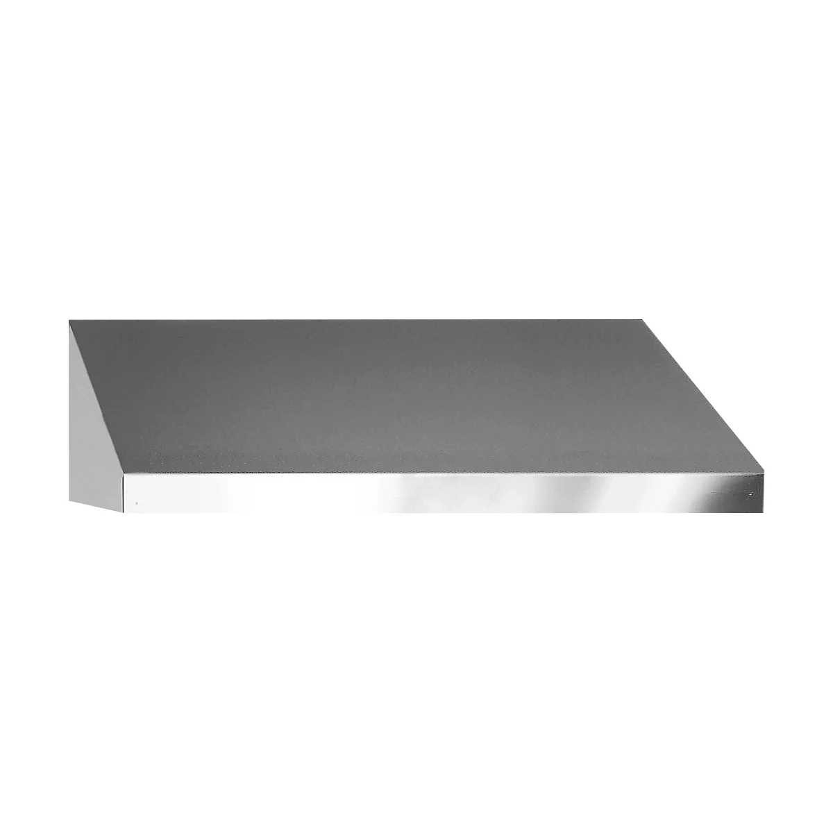 Stainless steel range hood. A sloping surface is bordered by a bottom edge and a sloping edge.