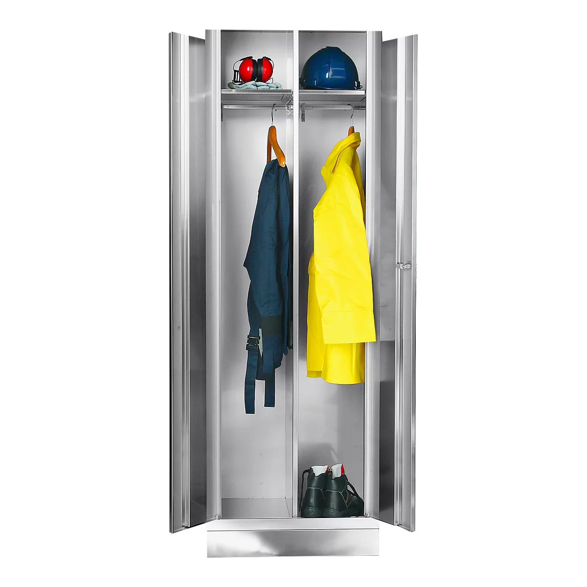 An open steel cabinet with work clothes: blue work shirt, yellow raincoat, boots. Top helmet and hearing protection.