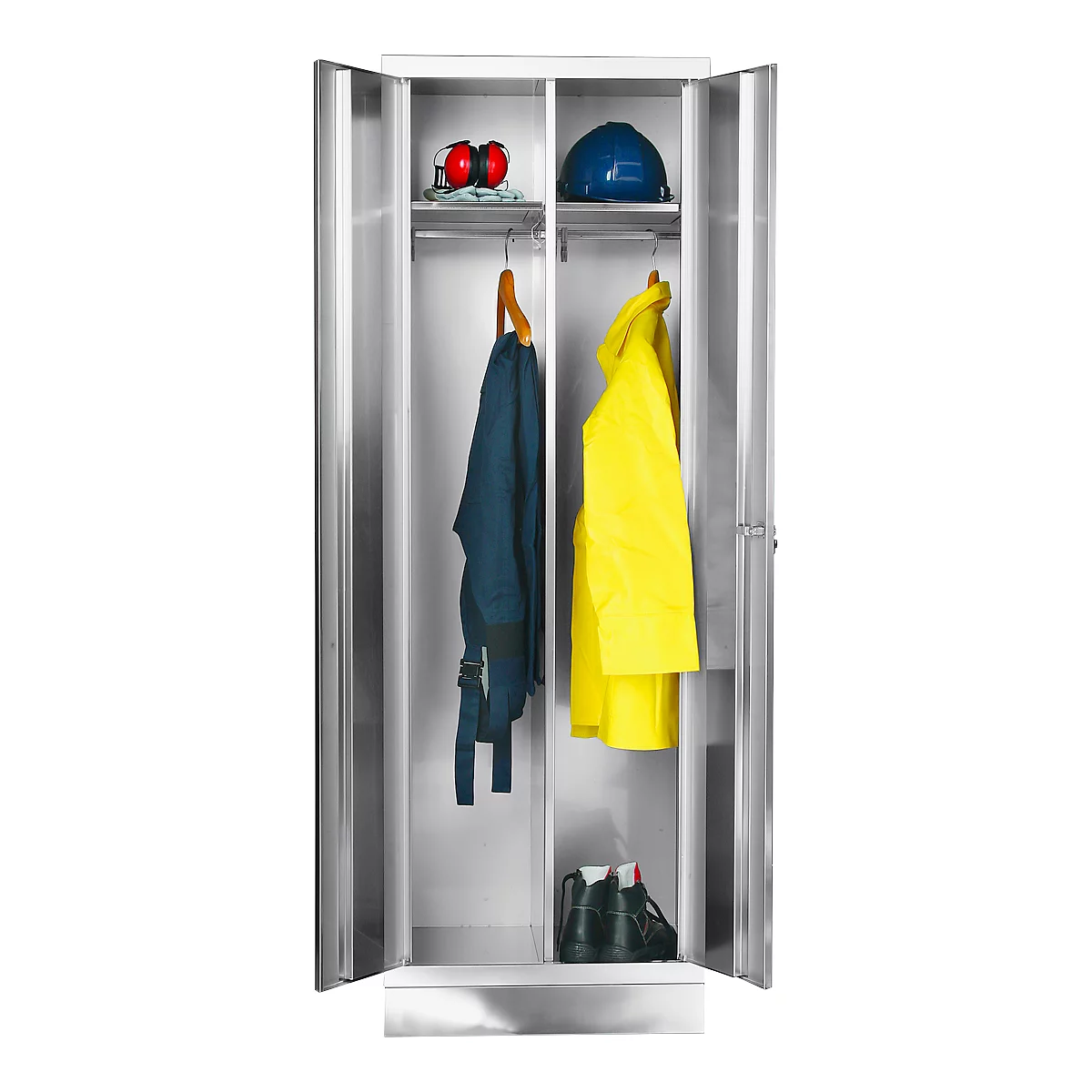 Open metal cabinet with work clothes: helmet, ear protectors, jacket, rain jacket and shoes.