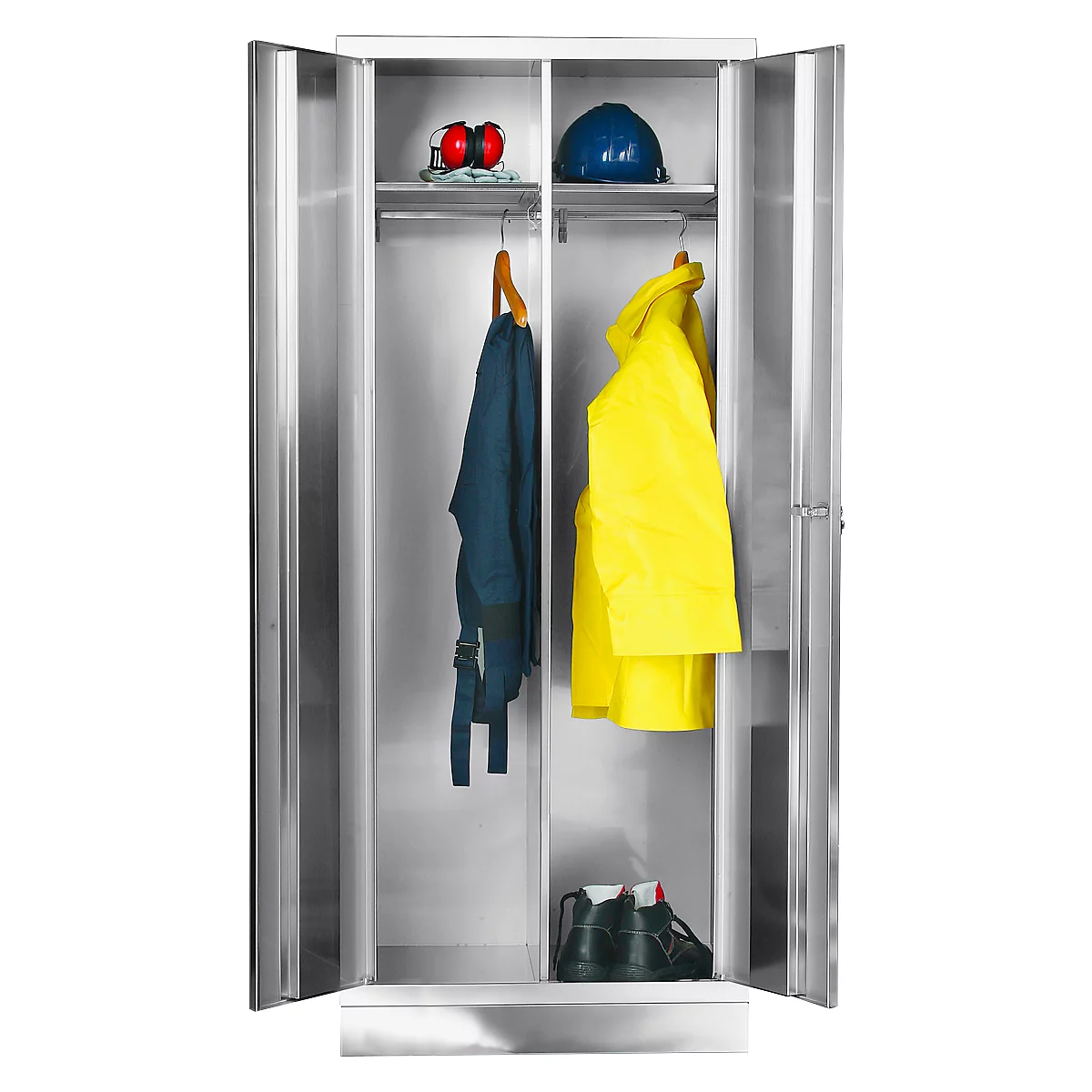 Open steel cabinet with work clothing and utensils, such as helmet, ear protection, shoes and yellow rain jacket.