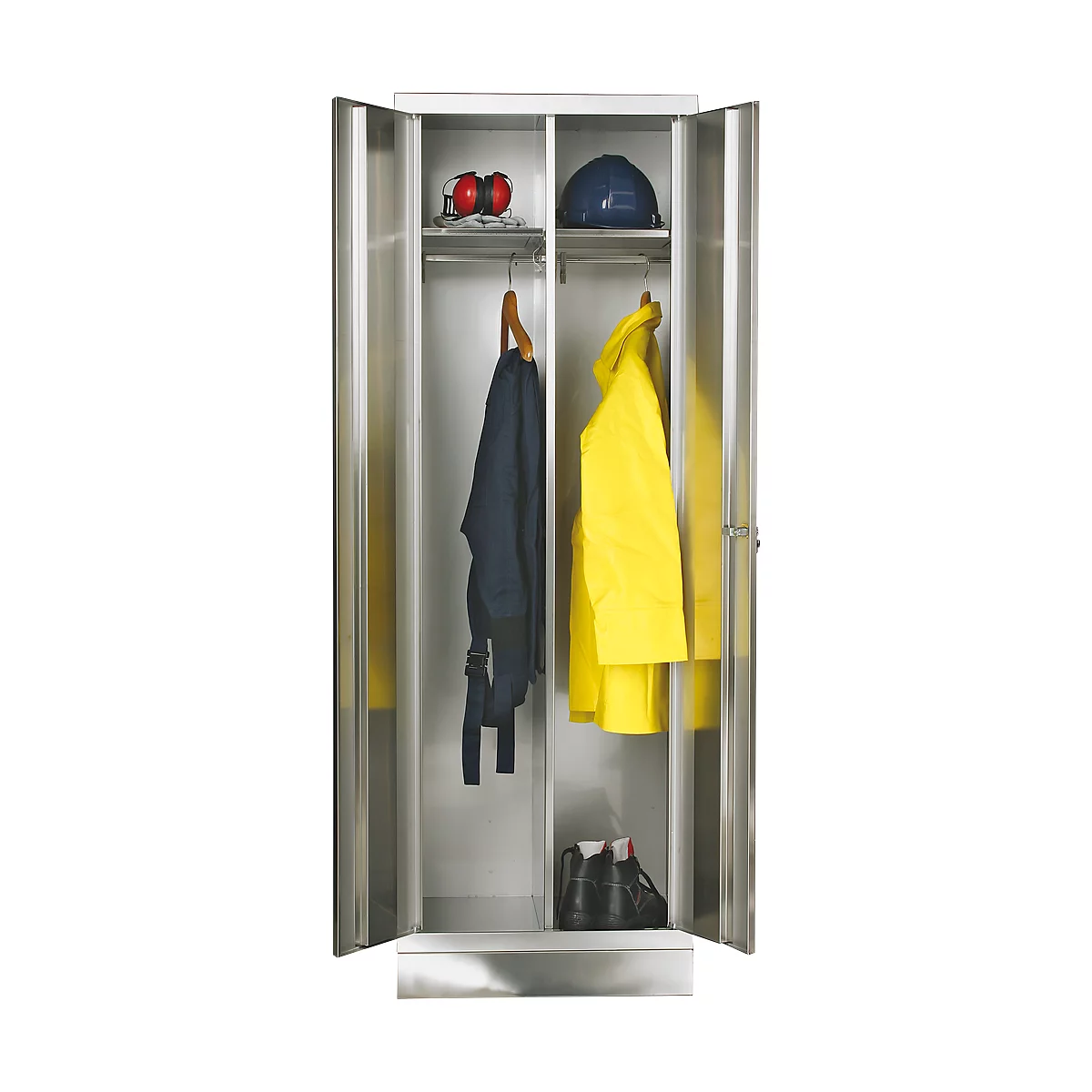 Cabinet with work clothes: helmet, hearing protection, jackets, boots.