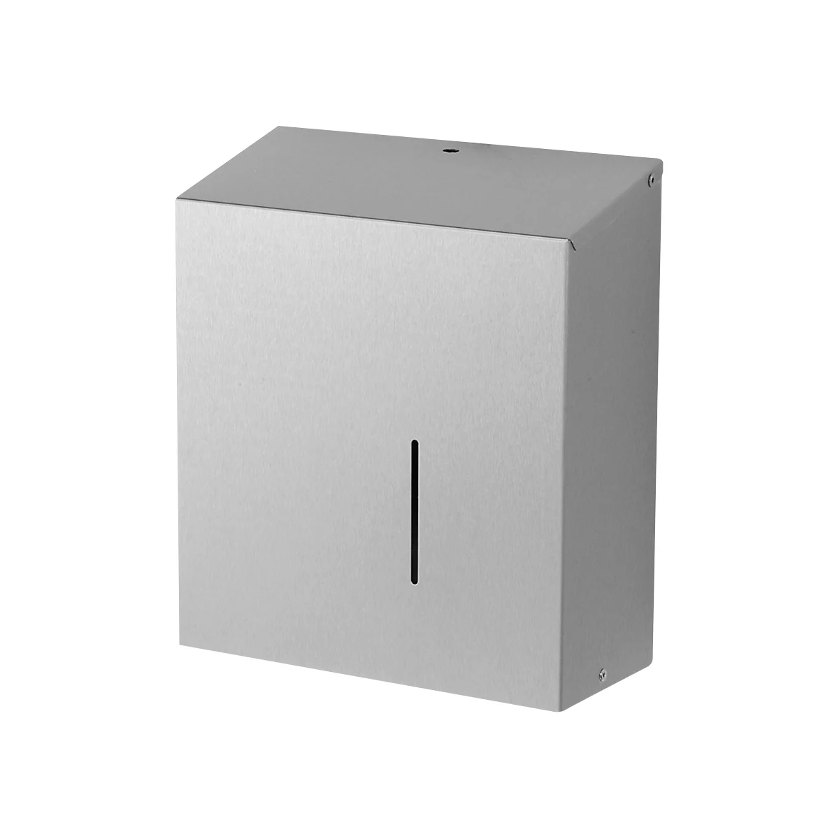 Square, gray metal paper towel dispenser with a vertical slit.