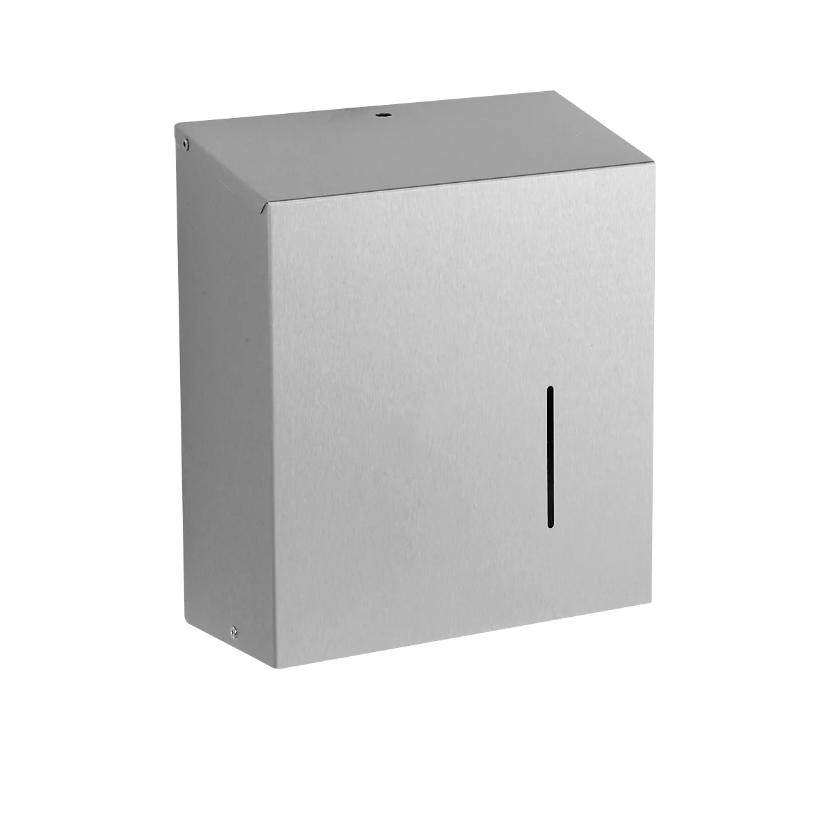 Grey rectangular metal paper towel dispenser. Slanted at the top, with a narrow slit for removing the towels.