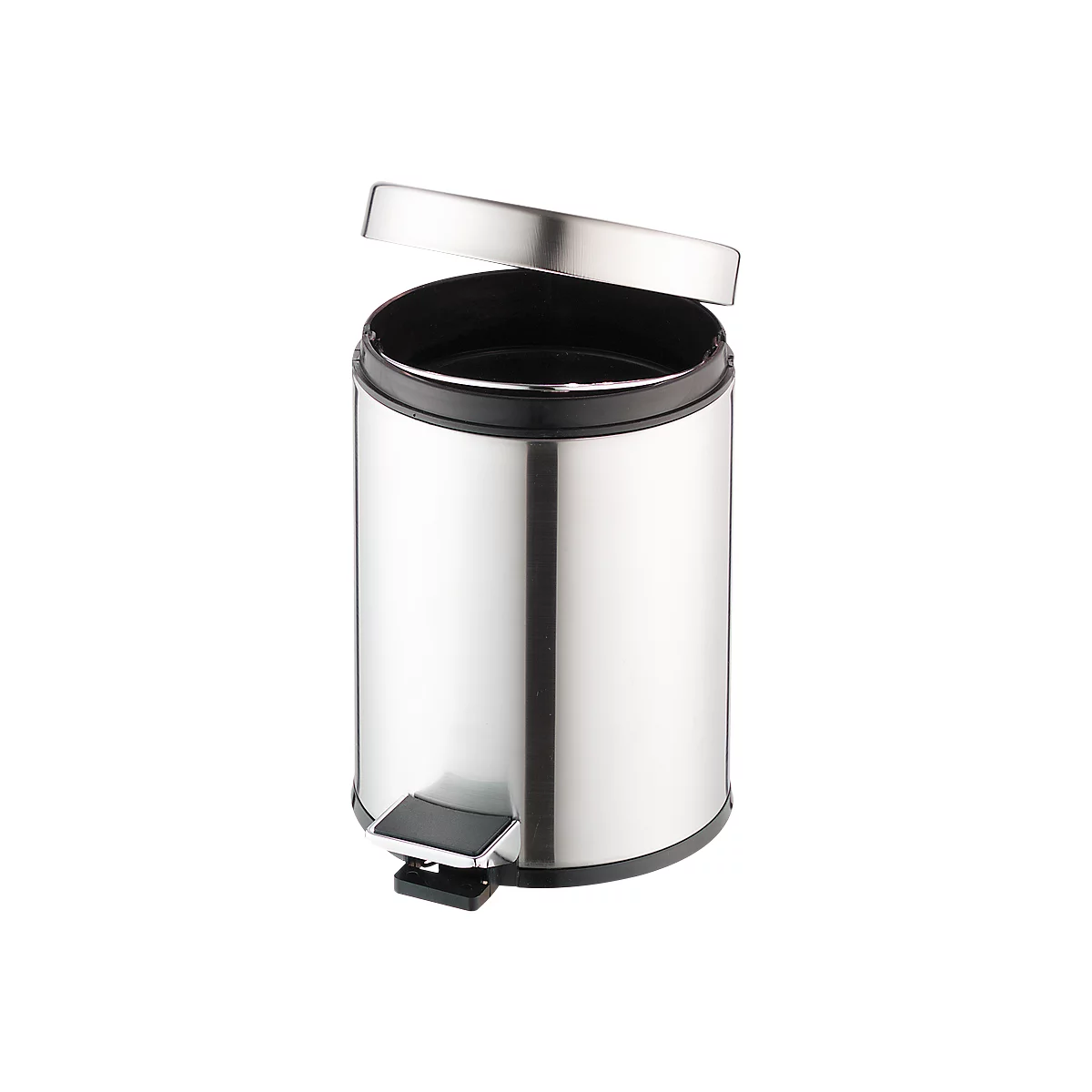 Round stainless steel trash can. The lid is open and the opening is visible. A foot pedal is attached to the bottom.