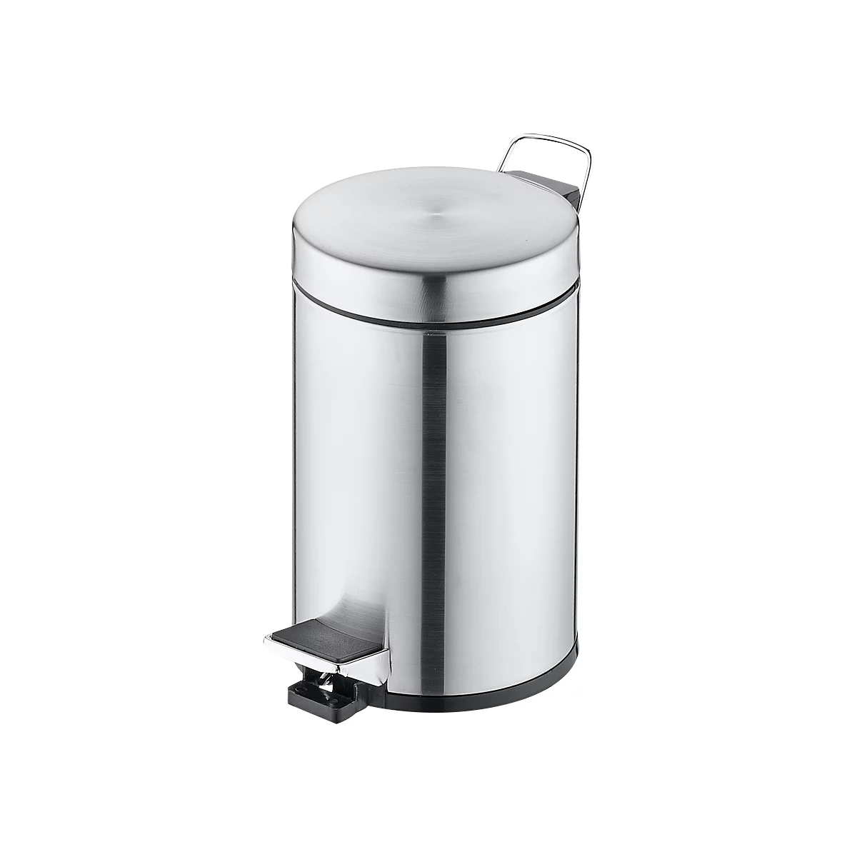 Round silver trash can with lid and foot pedal.