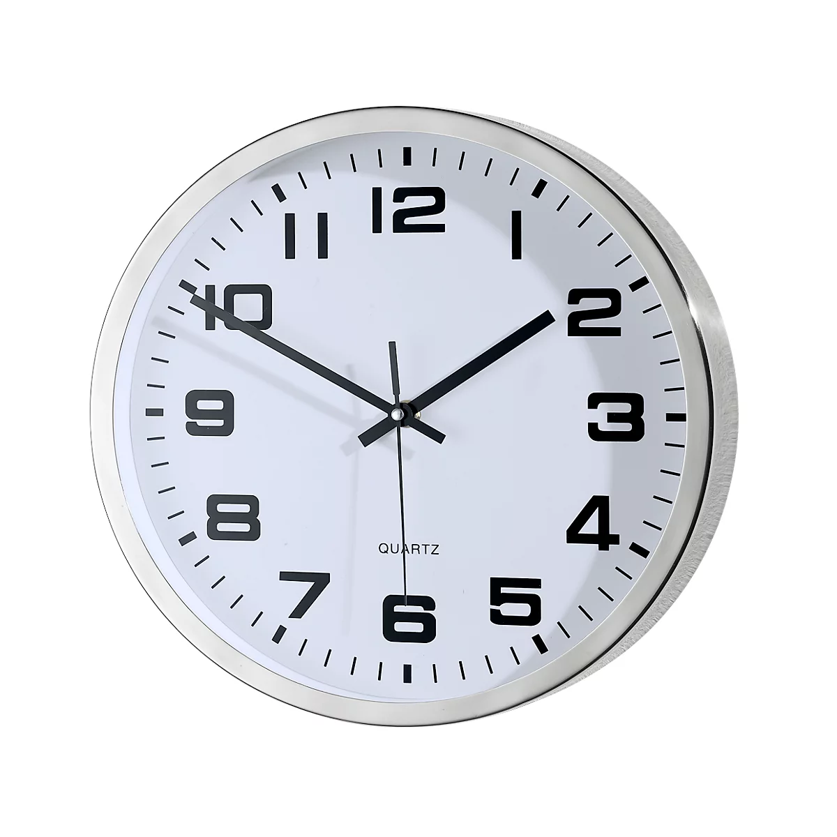 A round quartz clock with a silver rim, black numbers and hands on a white dial.