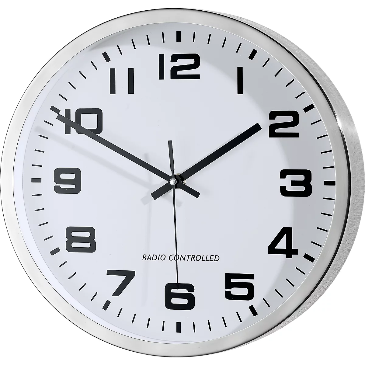 Round, silver wall clock with white face. Black numerals and hands, text 'Radio Controlled'.