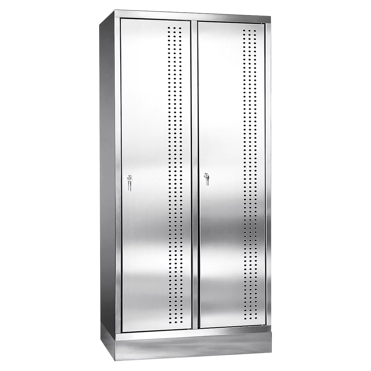 Stainless steel cabinet with two doors, dot pattern decor, two key locks.