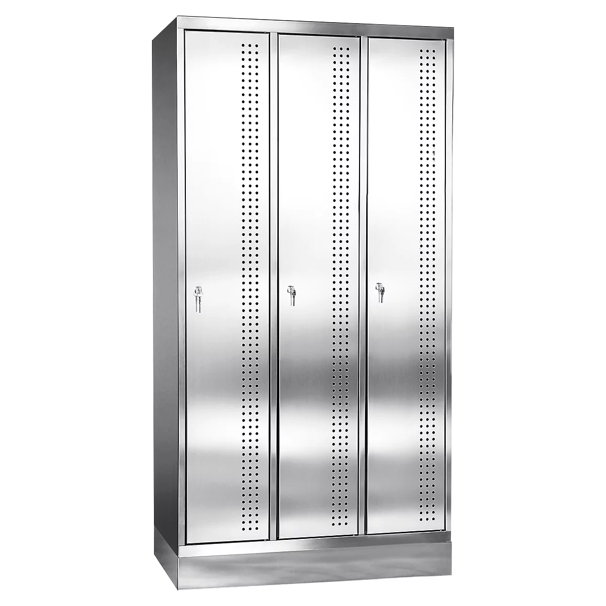 Three-part metal cabinet. The doors have hole patterns, with keys and handles.