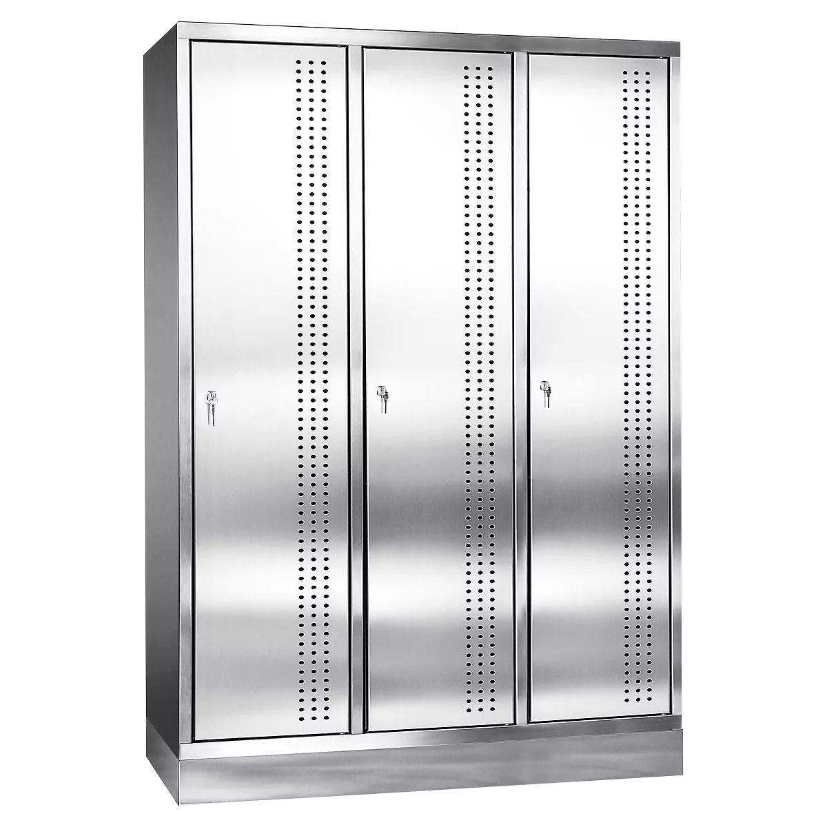 Stainless steel cabinet with three doors, with a perforated pattern and key locks.