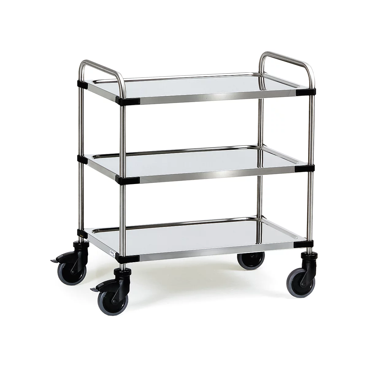 Stainless steel serving cart with three shelves and wheels.
