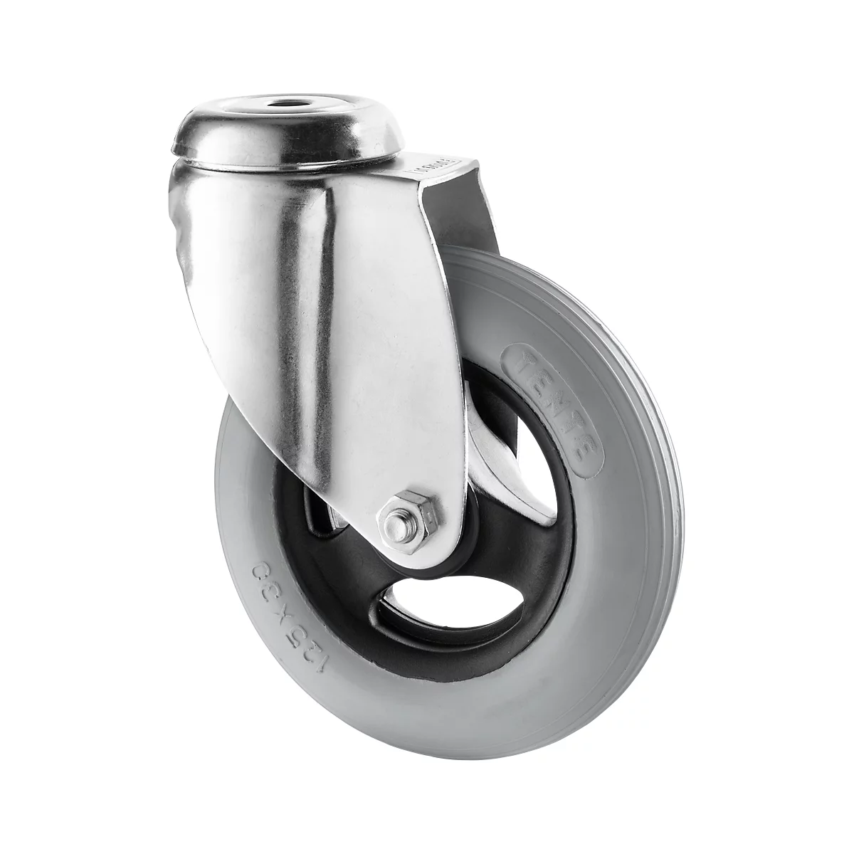 Steel caster detail: Gray wheel with black core and silver bracket. Inscription '125x32'.