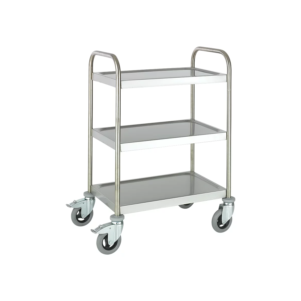 Stainless steel serving cart with three gray shelves and castors.