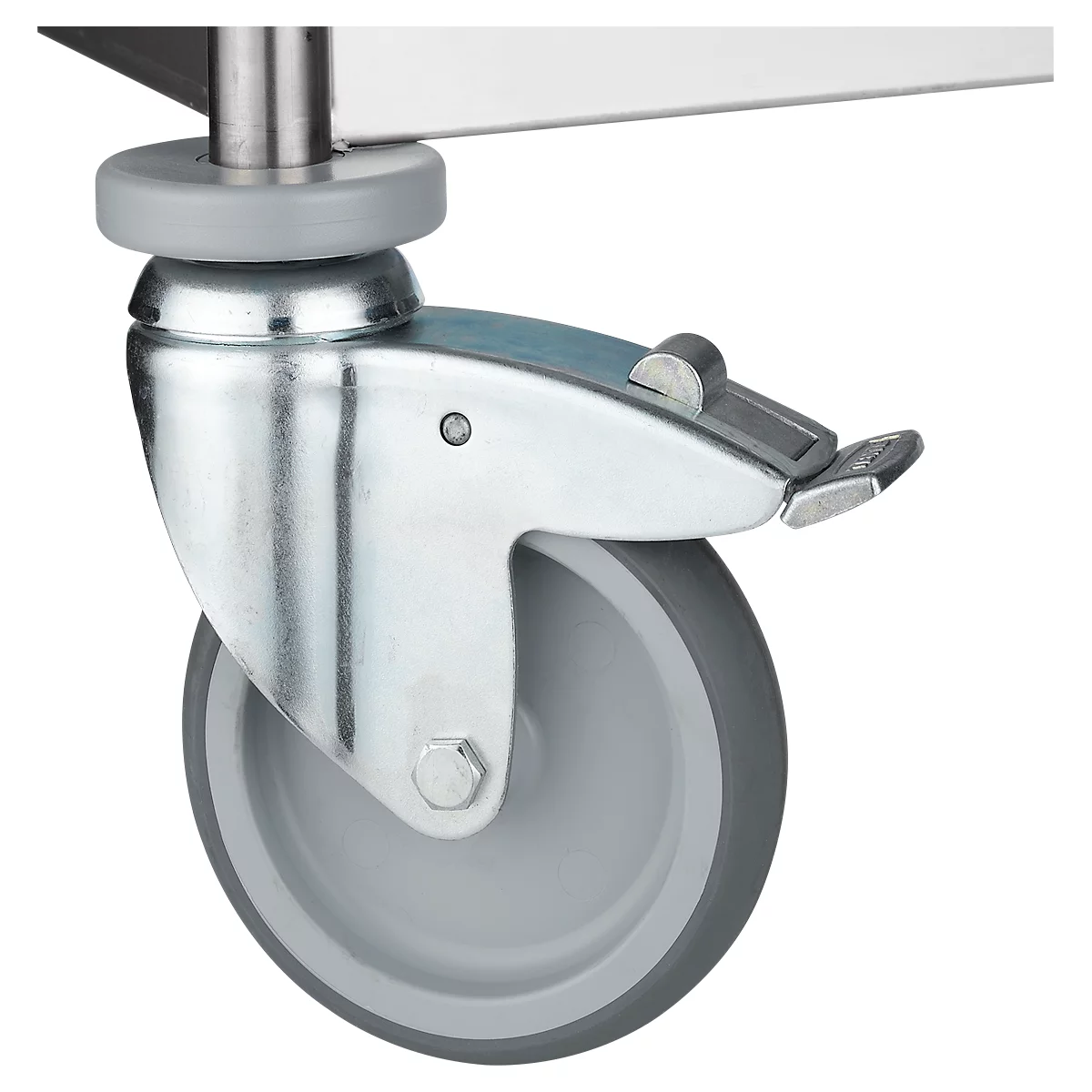 Close-up of a caster wheel with brake, mounted under a metal plate.