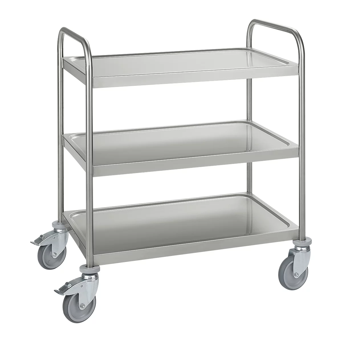 Three-tiered stainless steel serving cart, with castors.