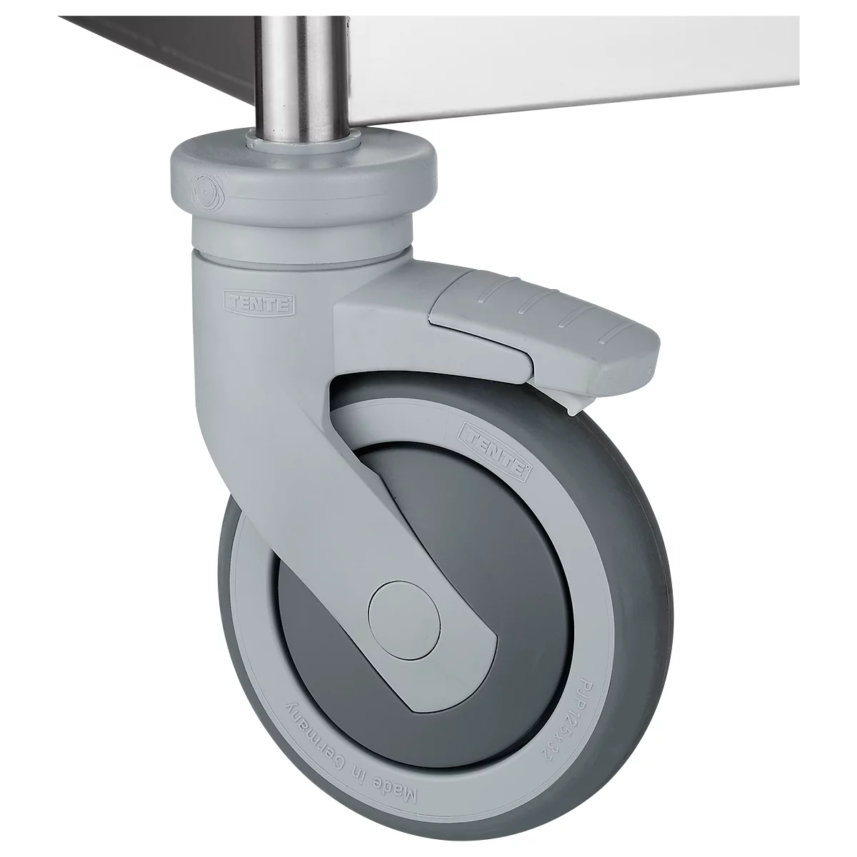 Close-up of a gray caster wheel with brake lever and rubber wheel. The lever is engaged.