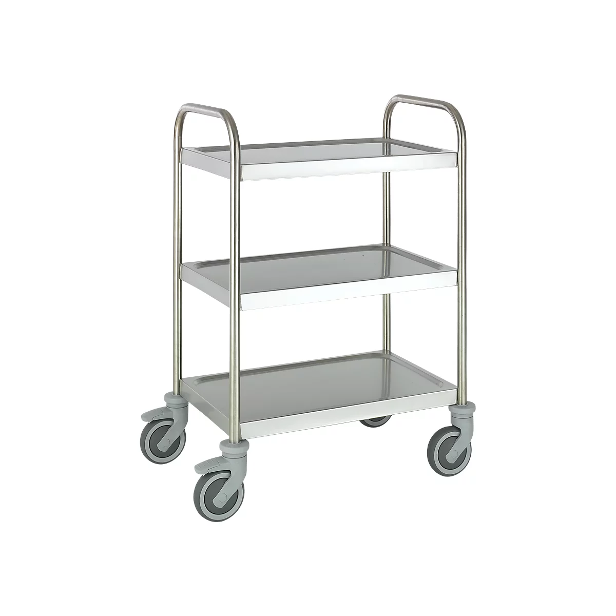 Serving cart with three metal shelves and wheels.