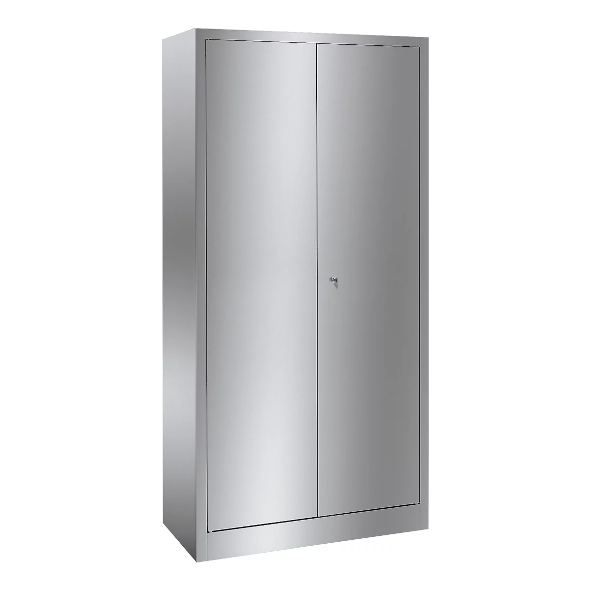 Steel cabinet with two doors, simple design. A small key is in the lock.