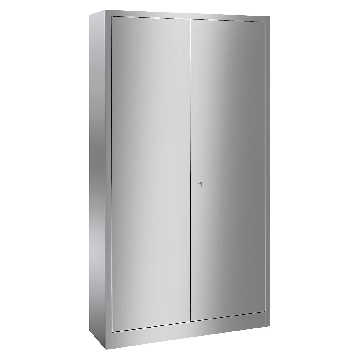 A silver, locked metal cabinet with two doors.