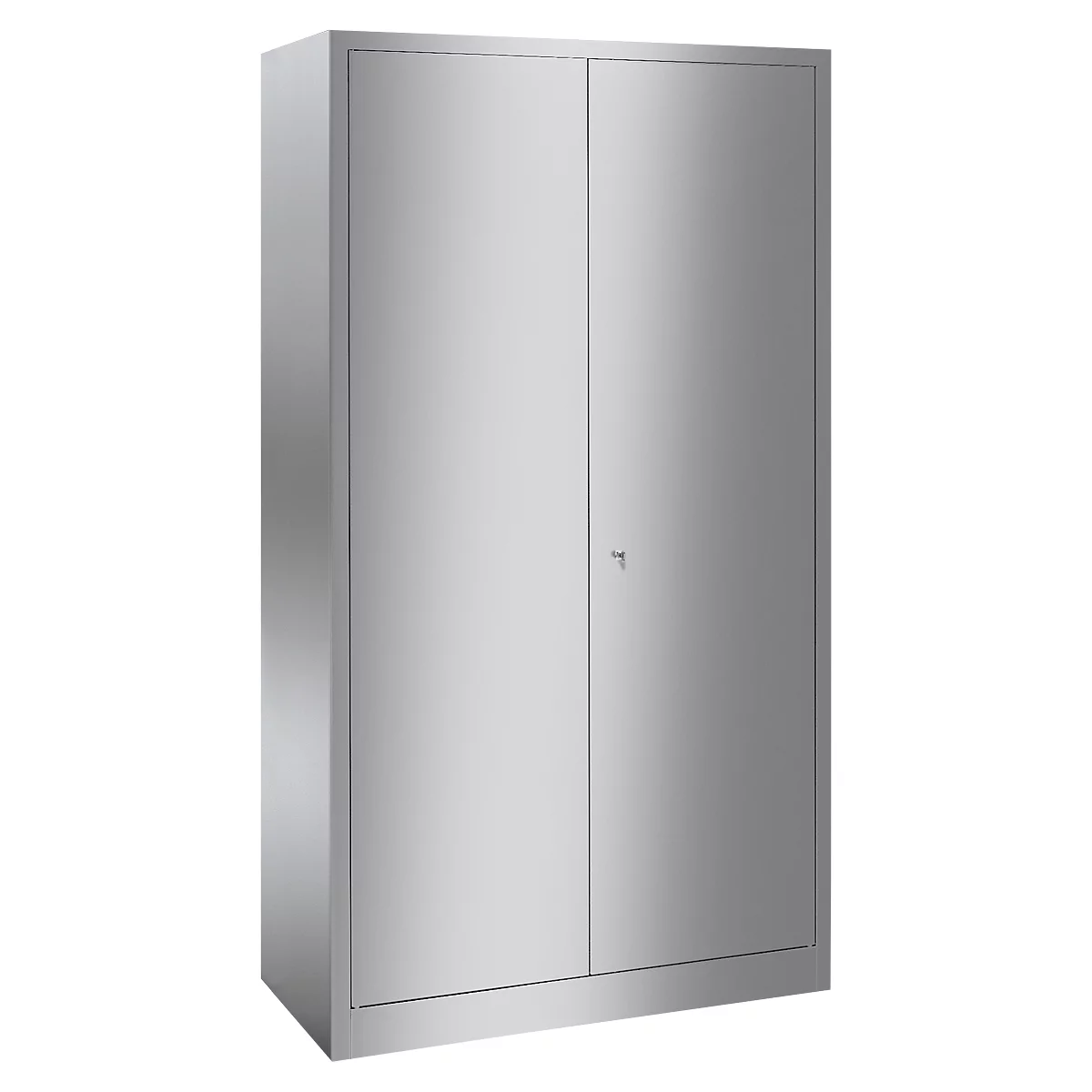 A metallic gray cabinet with two doors. It stands in front of a white background and looks modern.