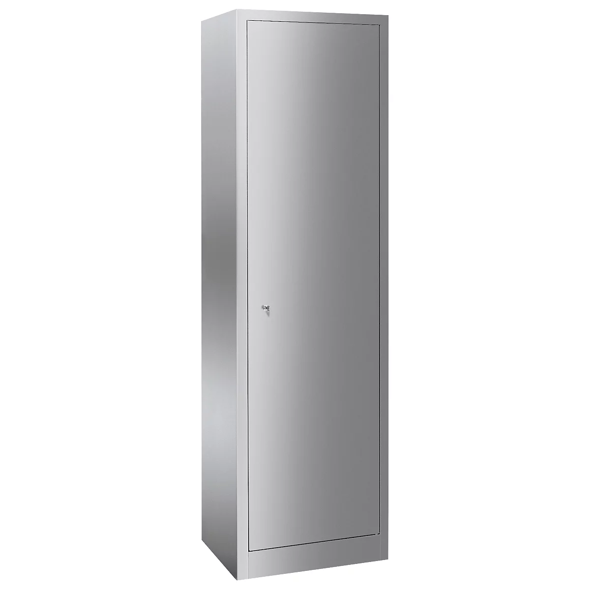 A gray metal cabinet with one door and a handle. It stands isolated on a white background.