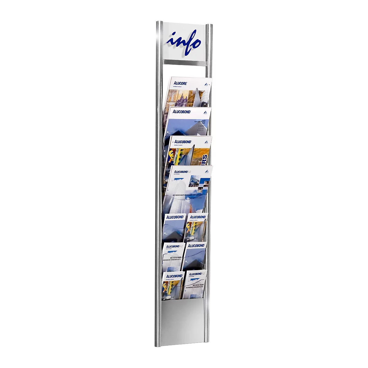 Metal info stand with brochures. "info" is written in blue at the top.