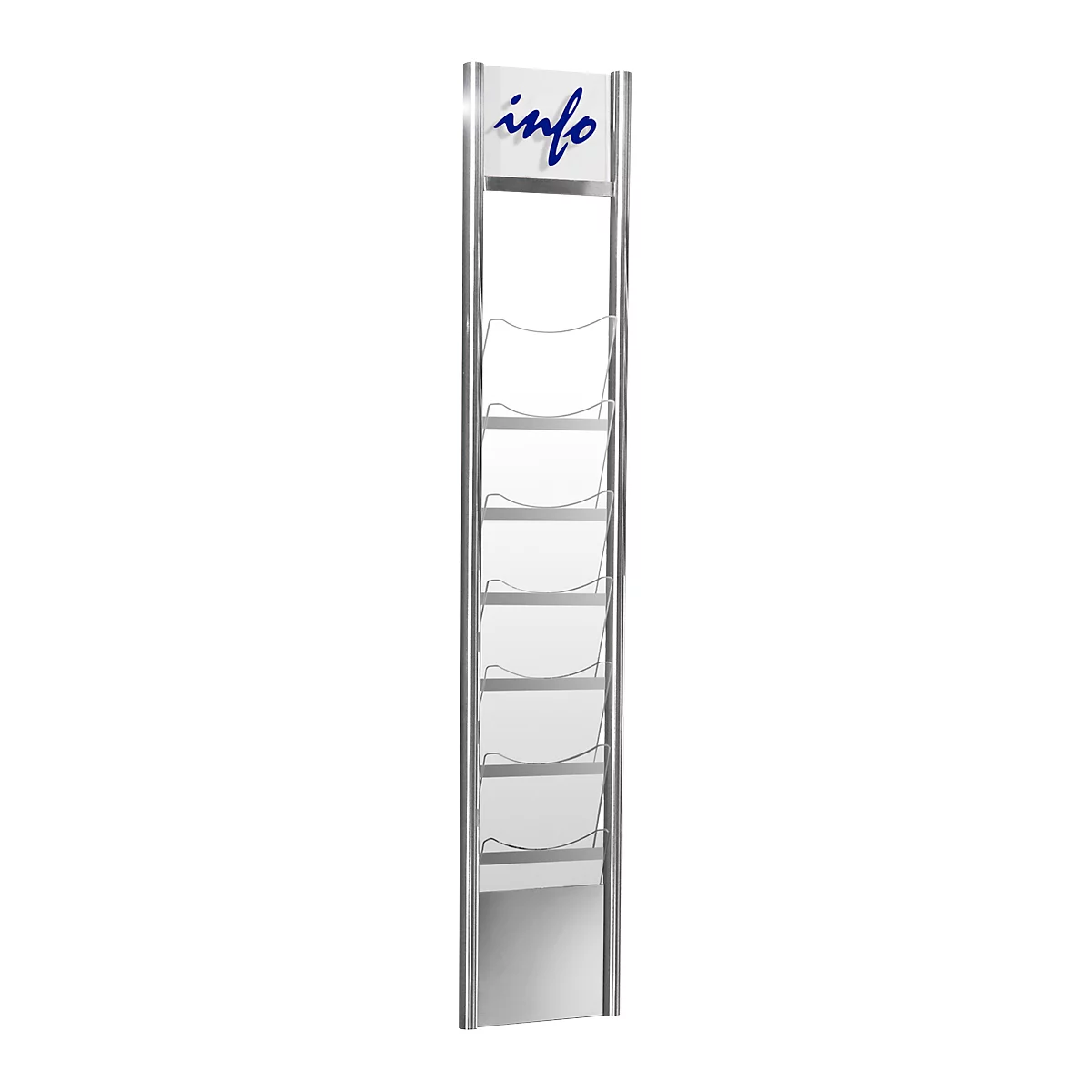 Information stand with blue "info" lettering, metallic frame, and several shelves.
