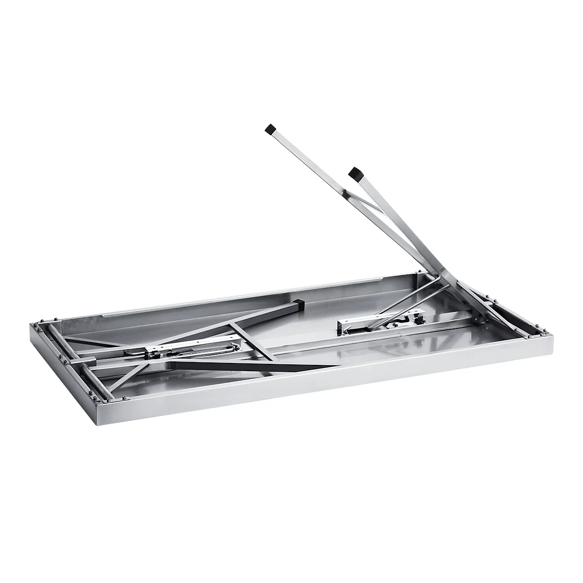 A metallic, rectangular folding table, its legs partially unfolded.