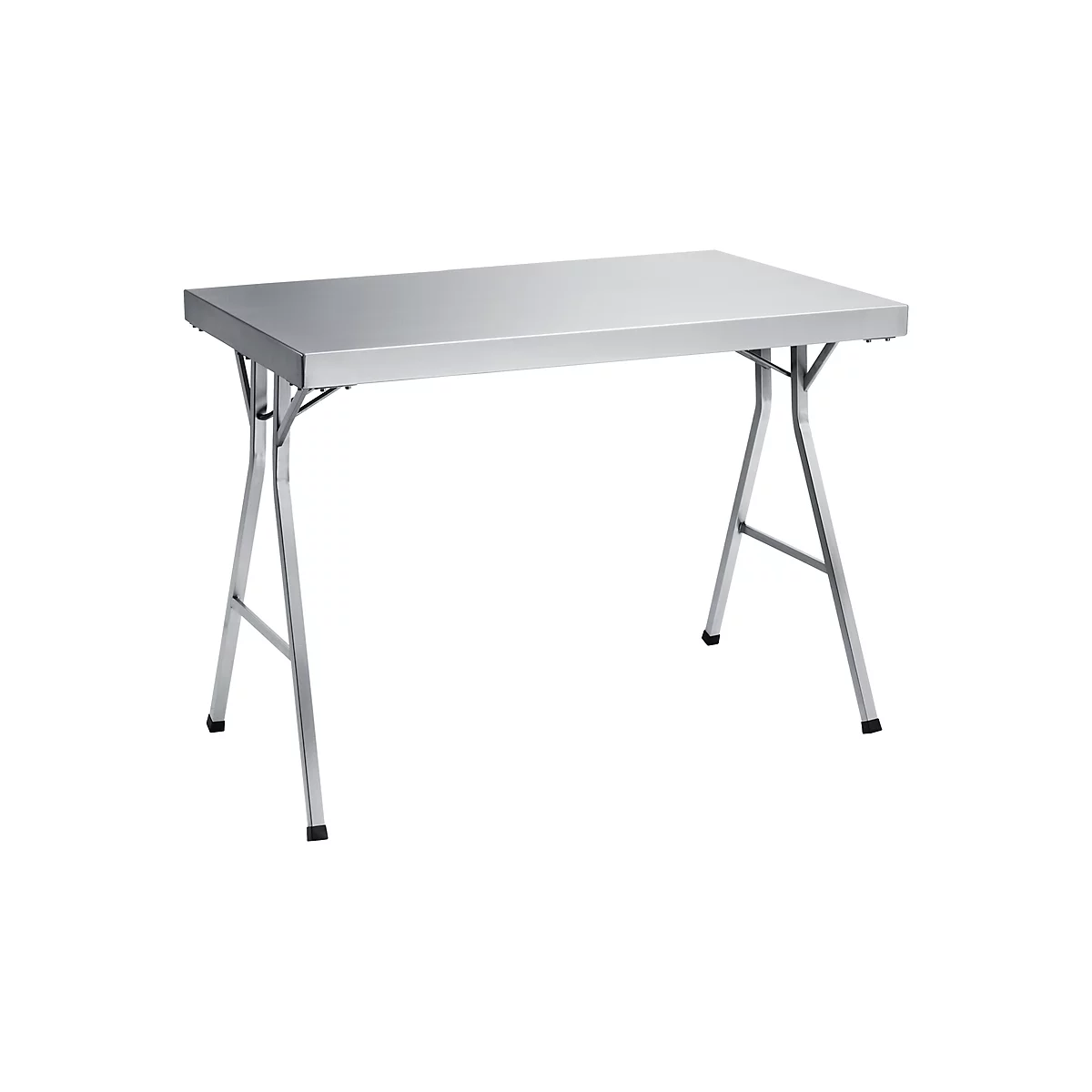 A silver folding table with a rectangular top and angled legs.