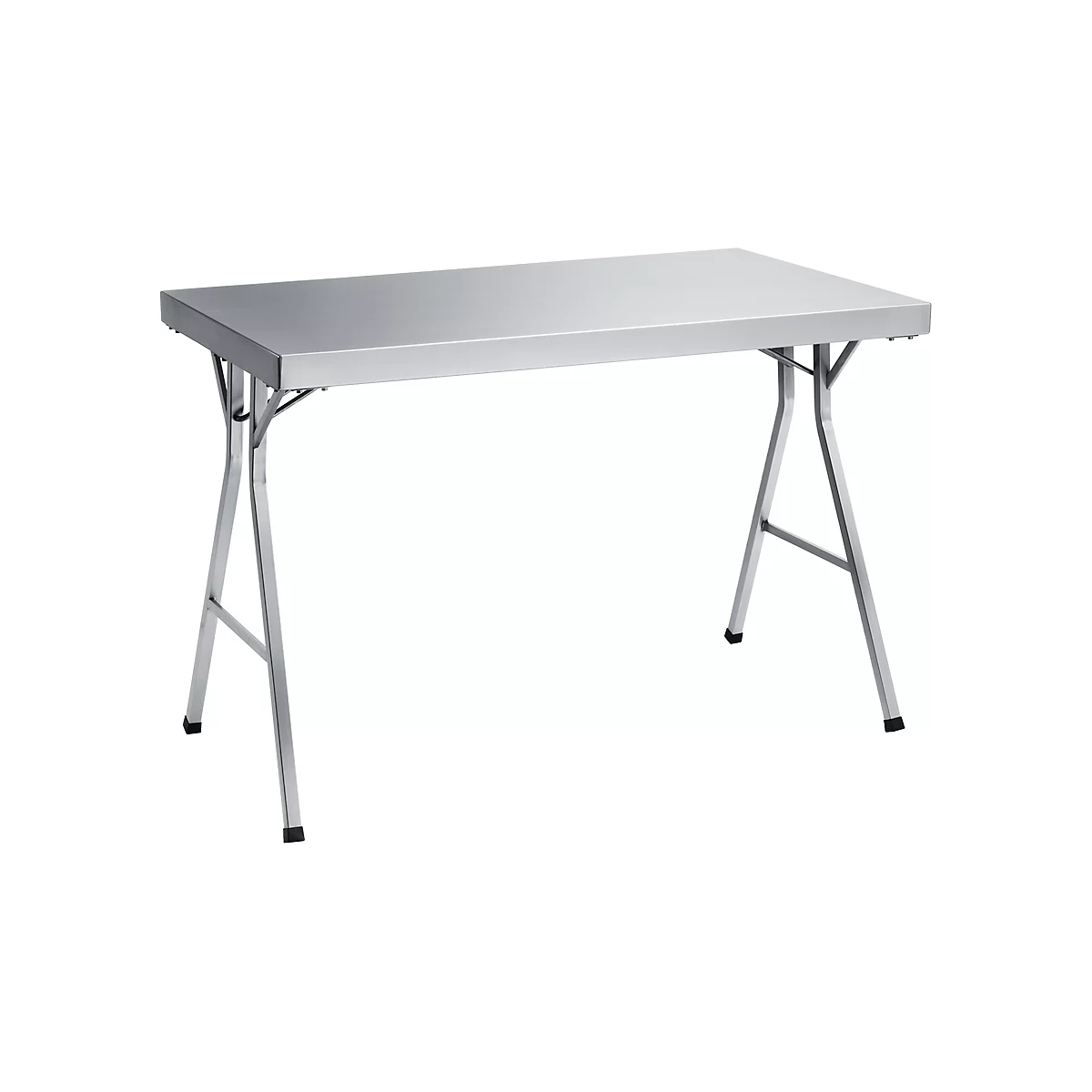 Silver folding table with metal legs against a white background.