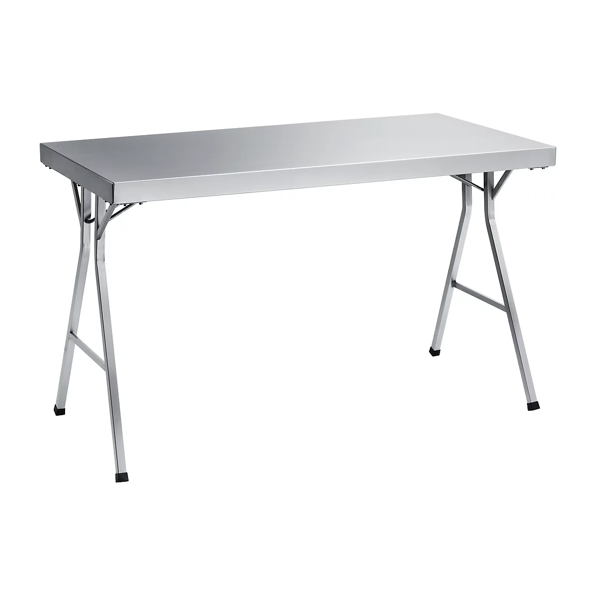 A folding, rectangular metal table, shiny silver, with crossed legs.