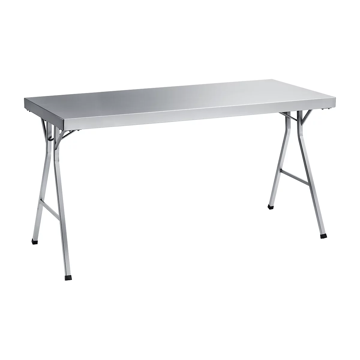 Silver rectangular folding table with metal legs arranged in an X-shape.