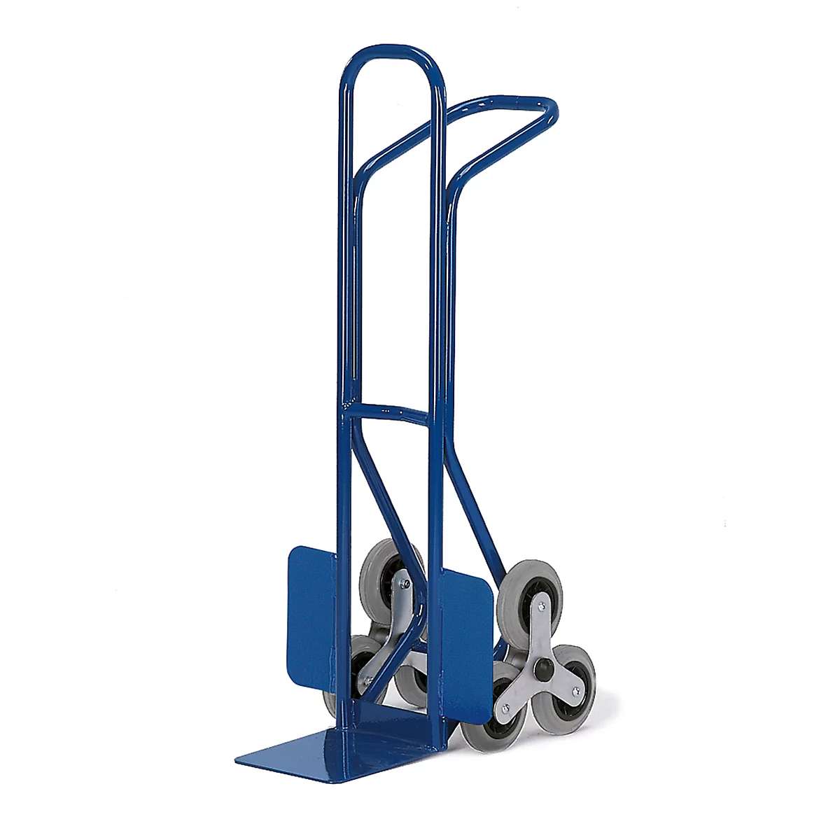 Blue stair climbing truck, steel frame, with three wheels per side. Flat loading surface.