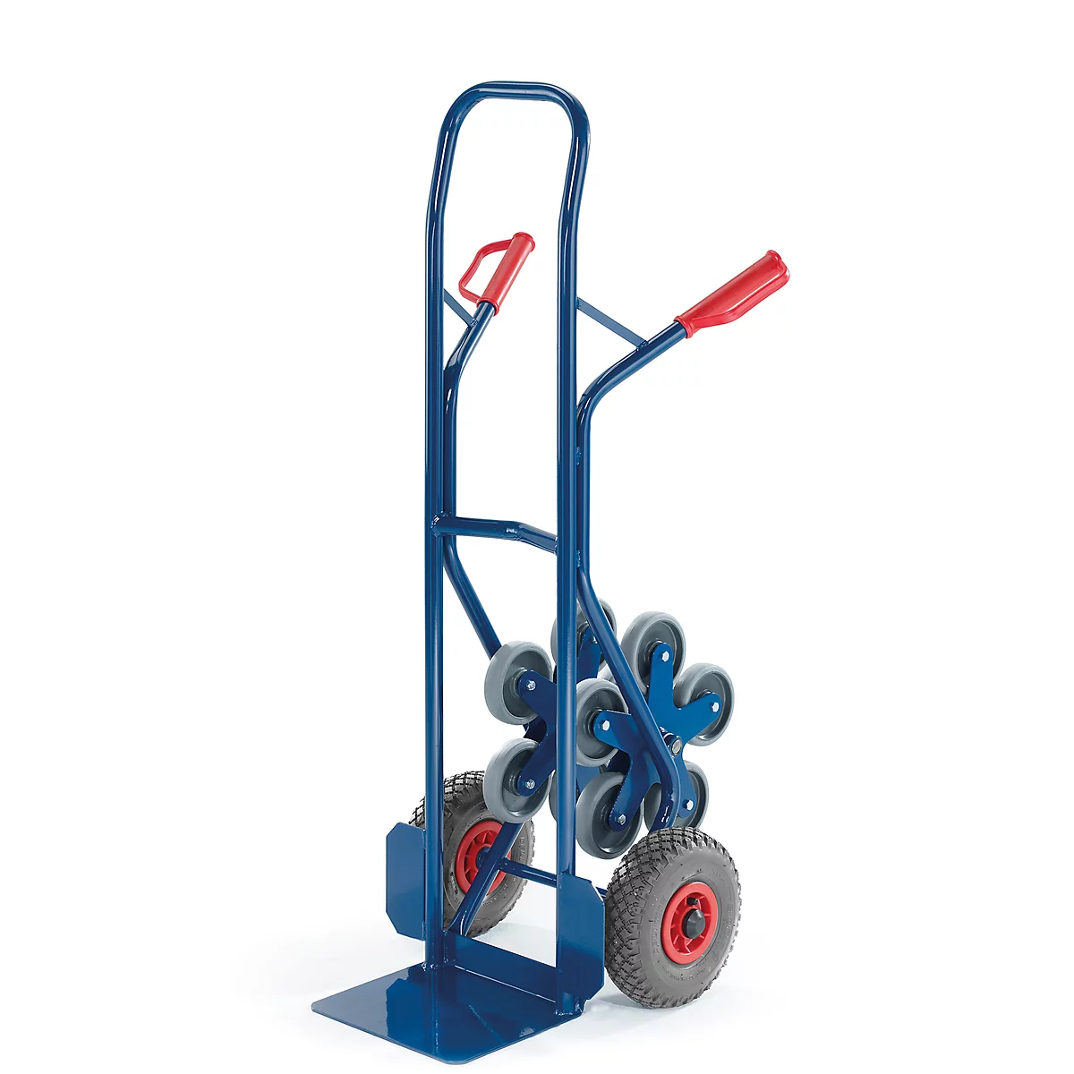 Blue stair climber with red handles and wheels. Gray tires and additional rollers on the side.