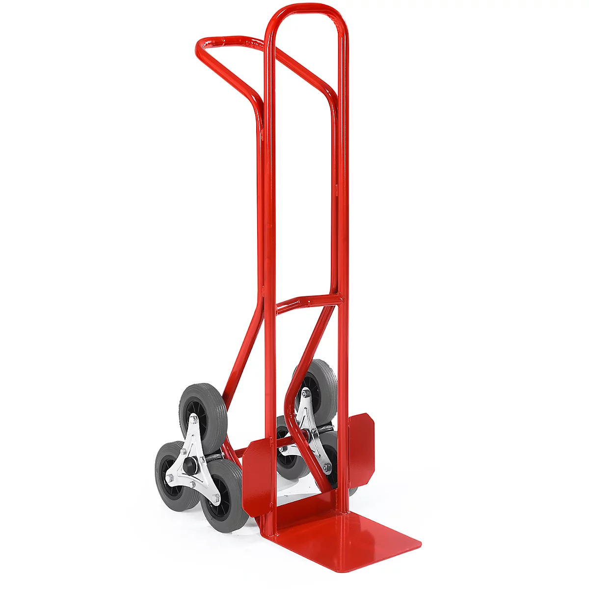 Red stair climber against a white background. The handle is bent, three small wheels per side.