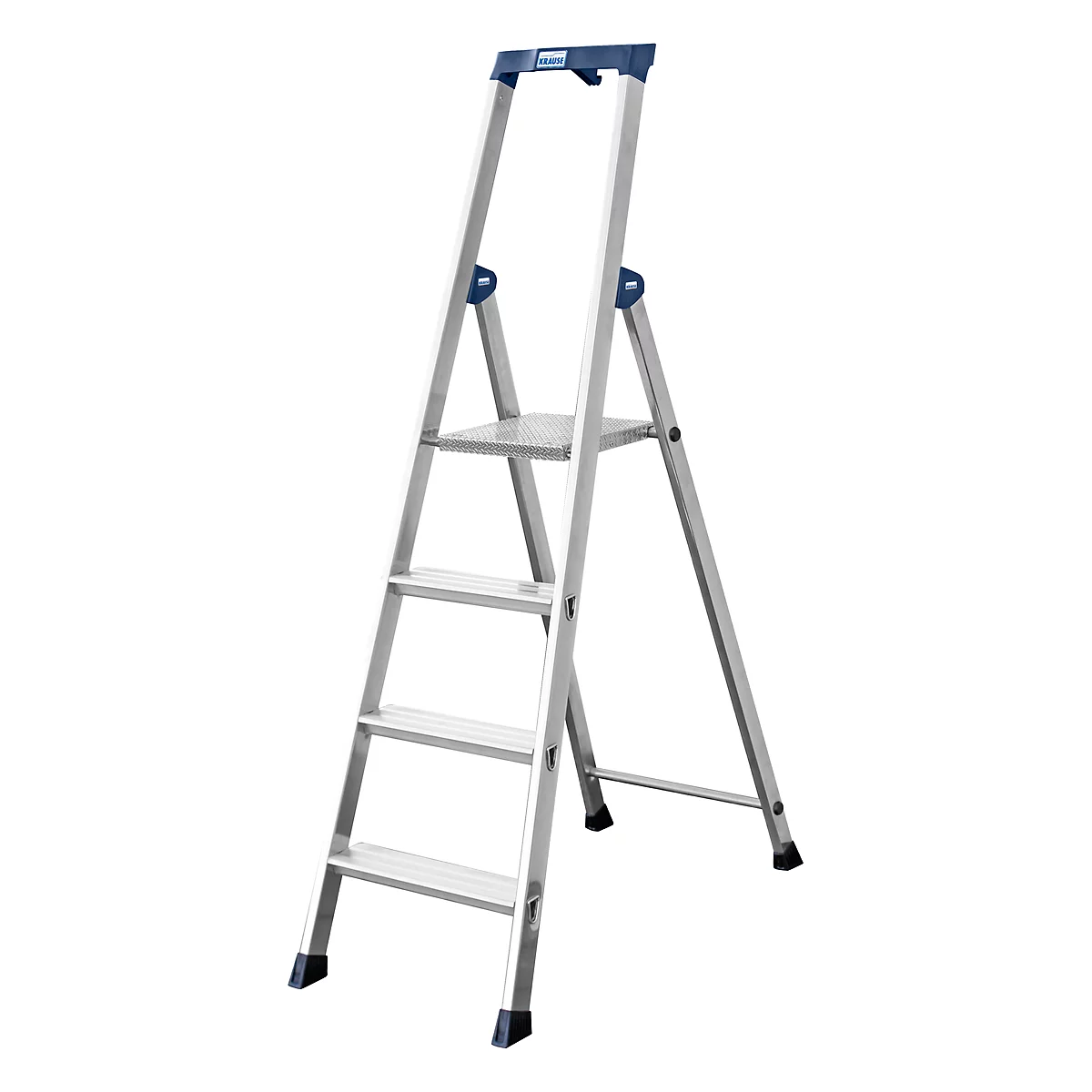 Aluminum step ladder, blue details, 4 steps, non-slip feet. Top bar with brand name.