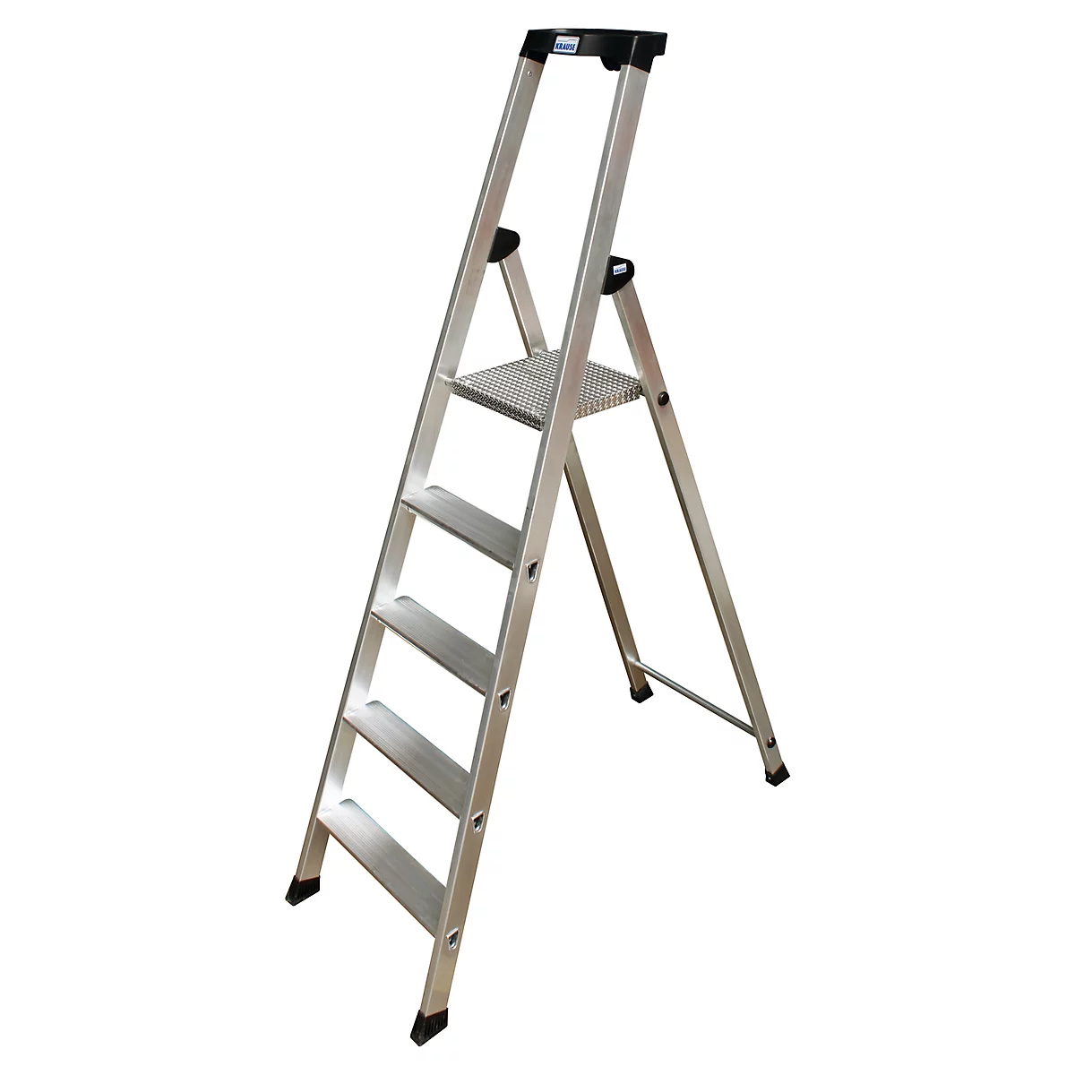 A silver stepladder with four steps stands upright. Black plastic caps on the feet and top.