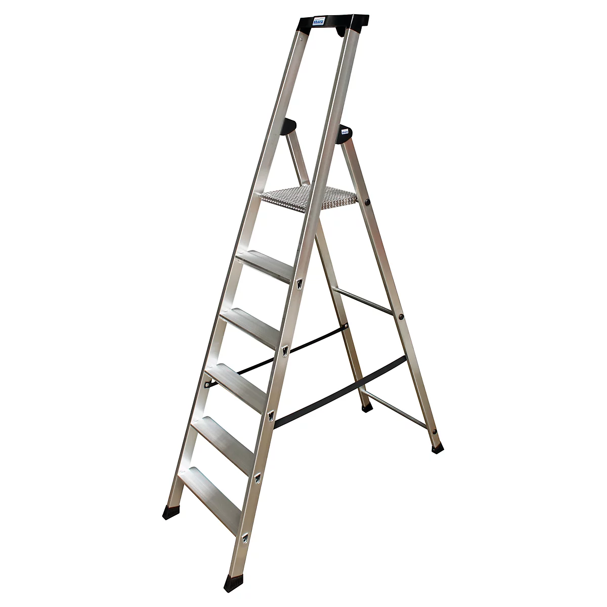 Silver step ladder with black steps and a handrail, set against a white background.
