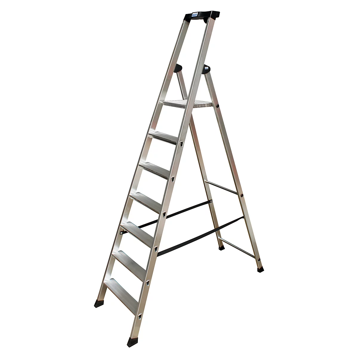 Aluminum ladder, six steps, freestanding, on a white background.