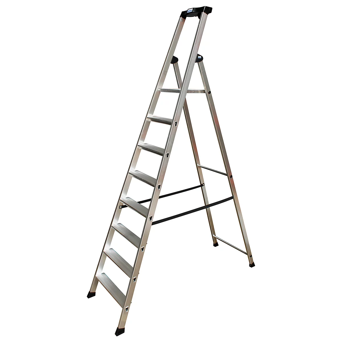 A silver, freestanding ladder with seven steps stands against a white background.