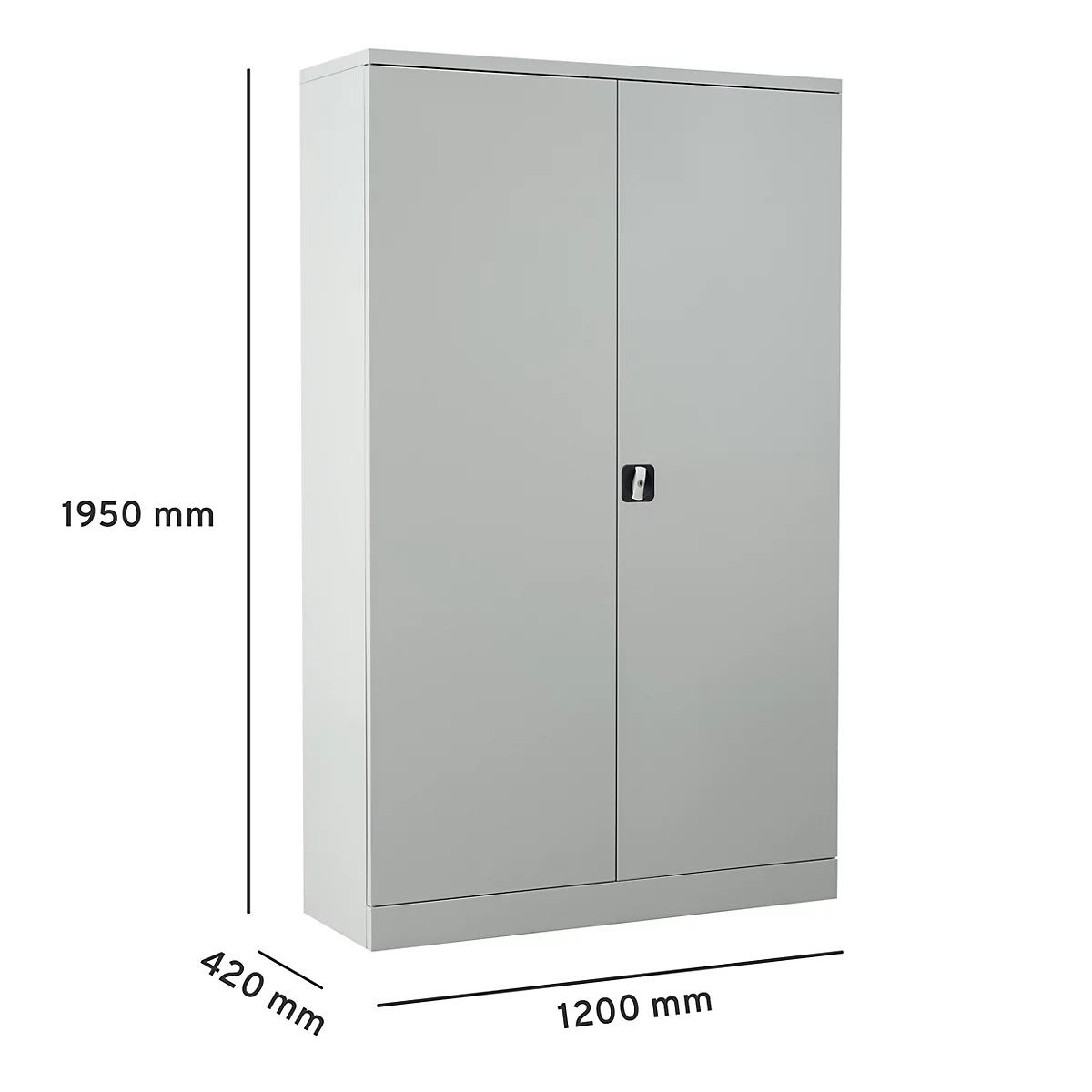 Grijze hoge stalen kast met twee deuren, zwarte handgreep en afmetingen: 1950 mm hoog, 1200 mm breed en 420 mm diep.