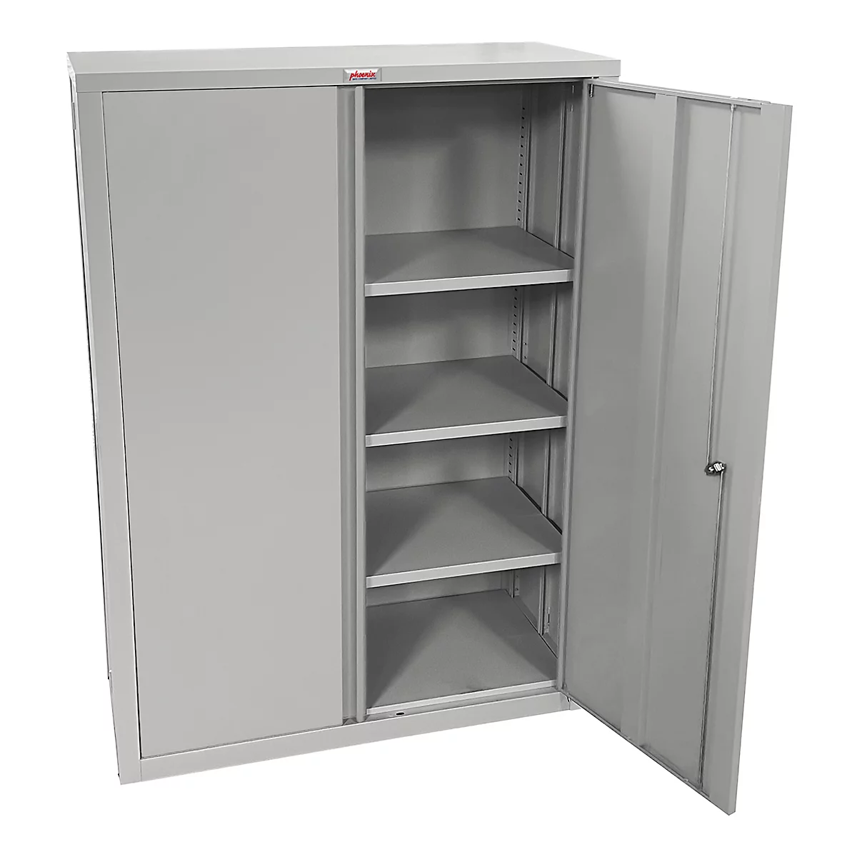 Grijze metalen kast met open deuren, planken binnen.