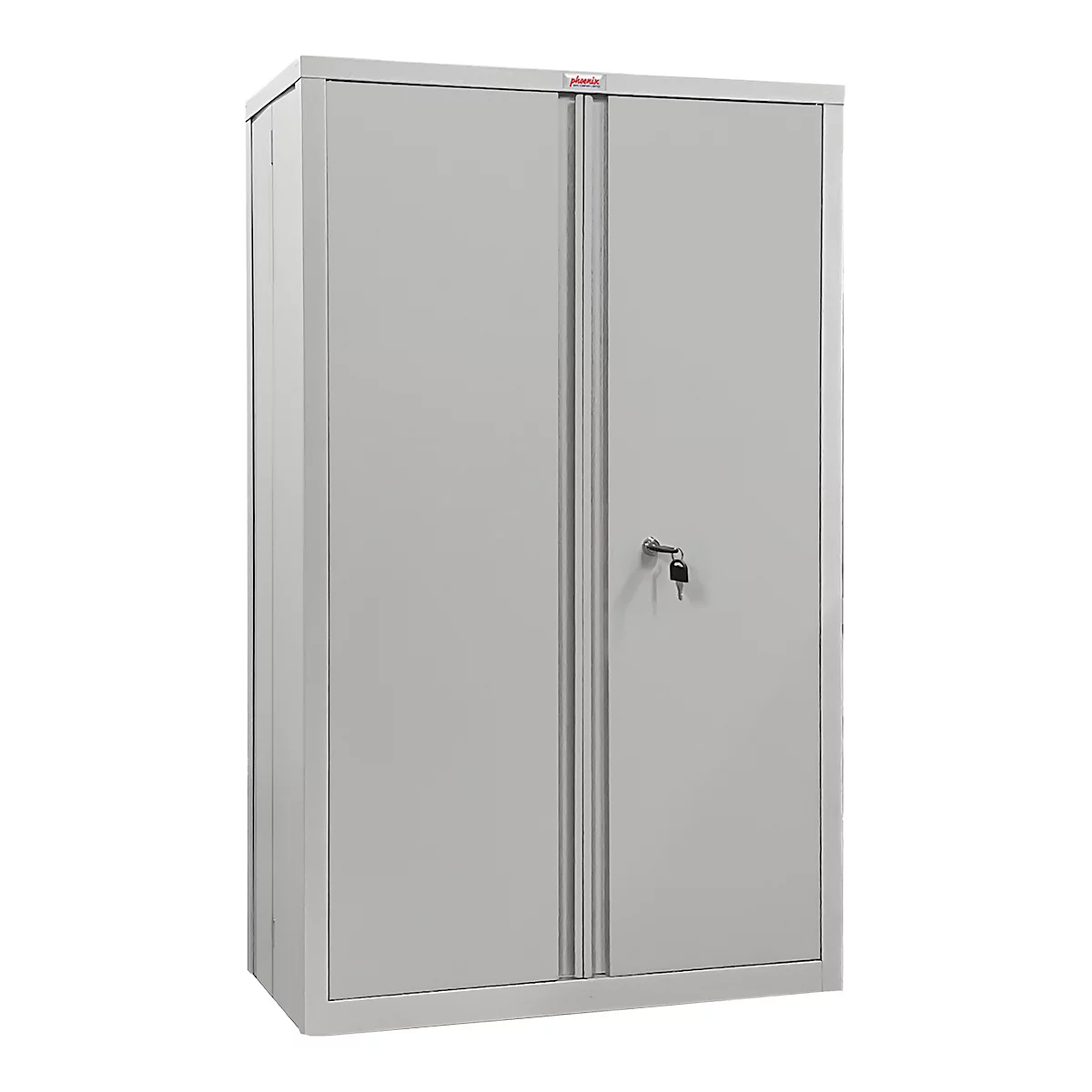 Grijze metalen kast met dubbele deuren en een sleutel.