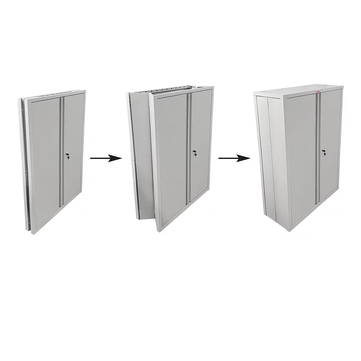 Drie fasen van de montage van een grijze kast. Eerst gesloten, dan opengeklapt, tenslotte helemaal gesloten.