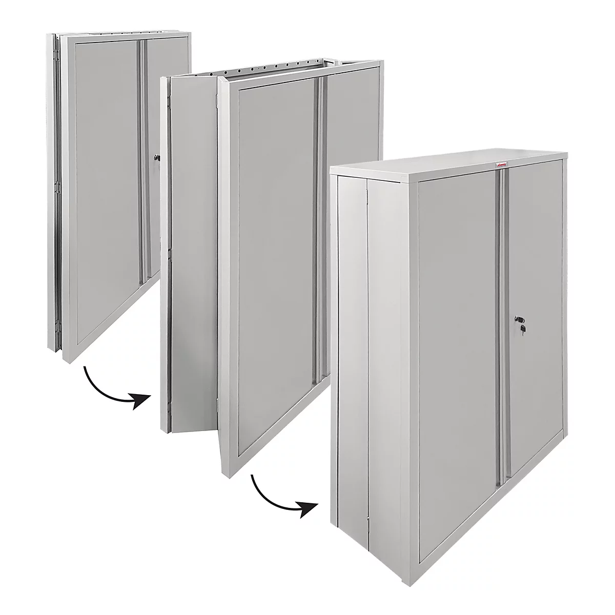 Grijze stalen kast, getoond in onderdelen en als geheel. De montage van de kast wordt aangegeven door pijlen.