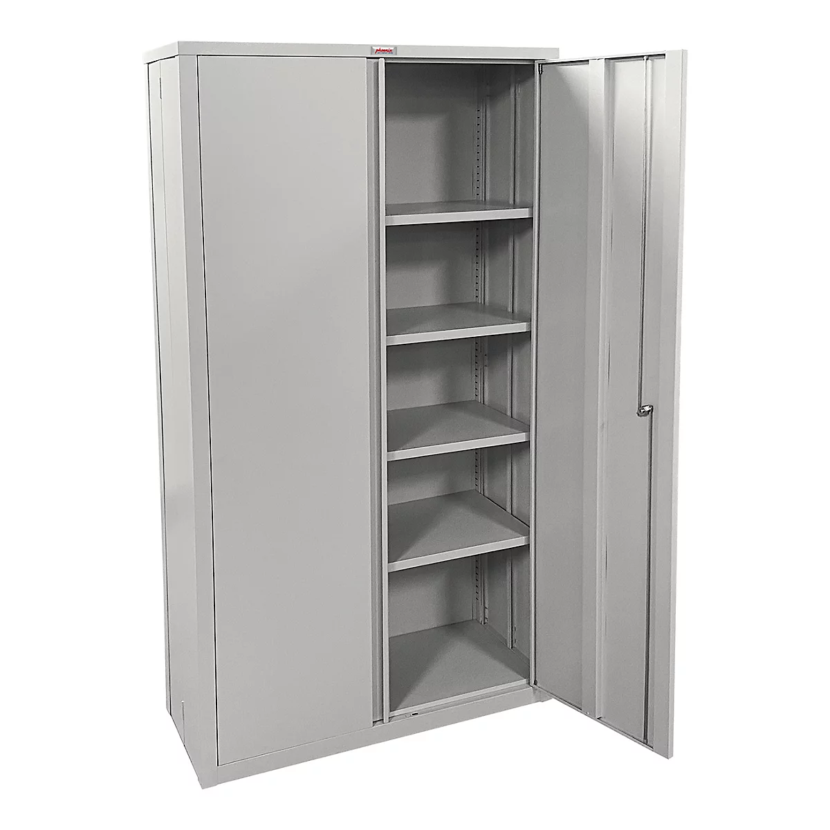Grijze stalen kast met open deur, met planken voor opslag.