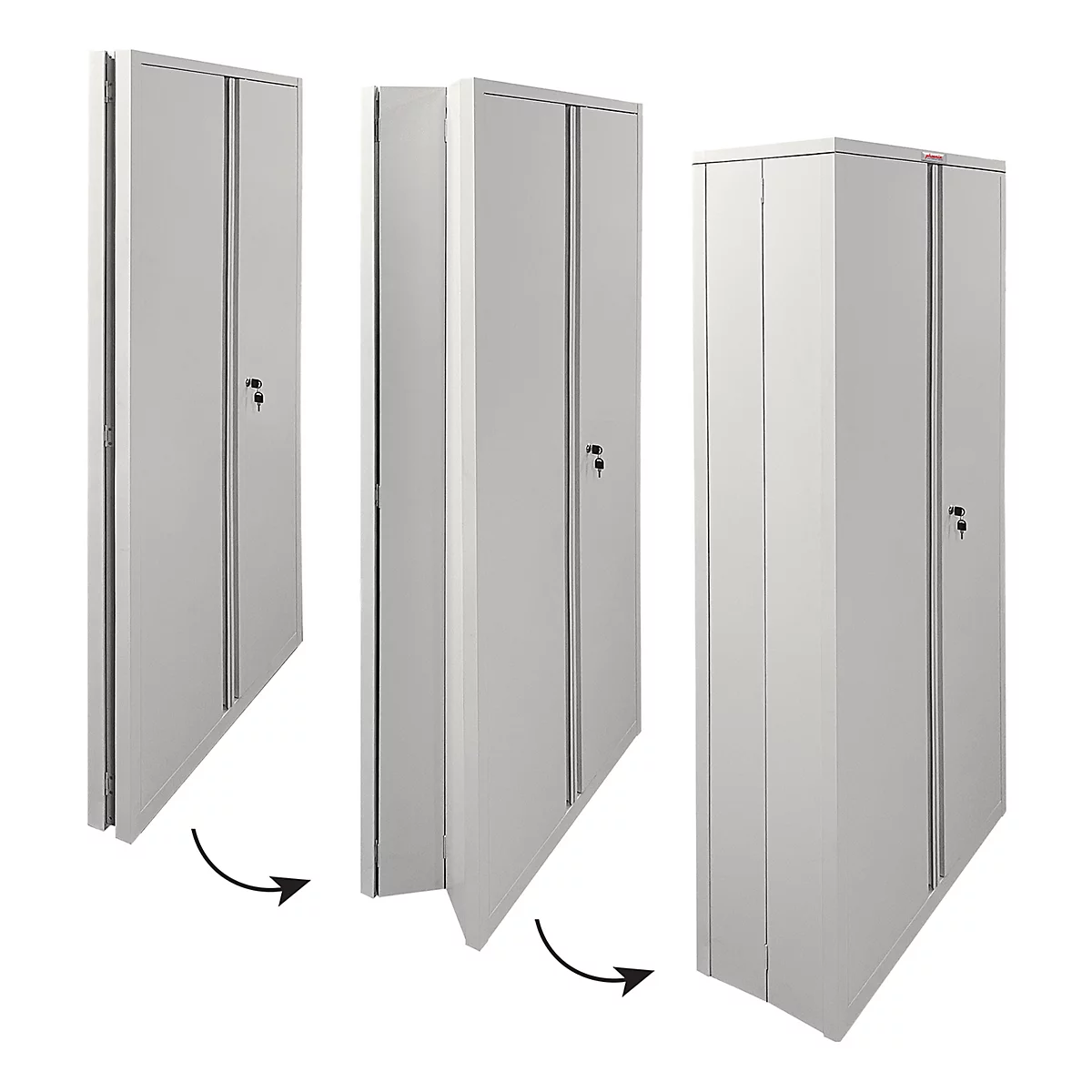 Drie stalen kasten worden geopend in een stapsgewijze volgorde. Grijs, met zwarte handgrepen.