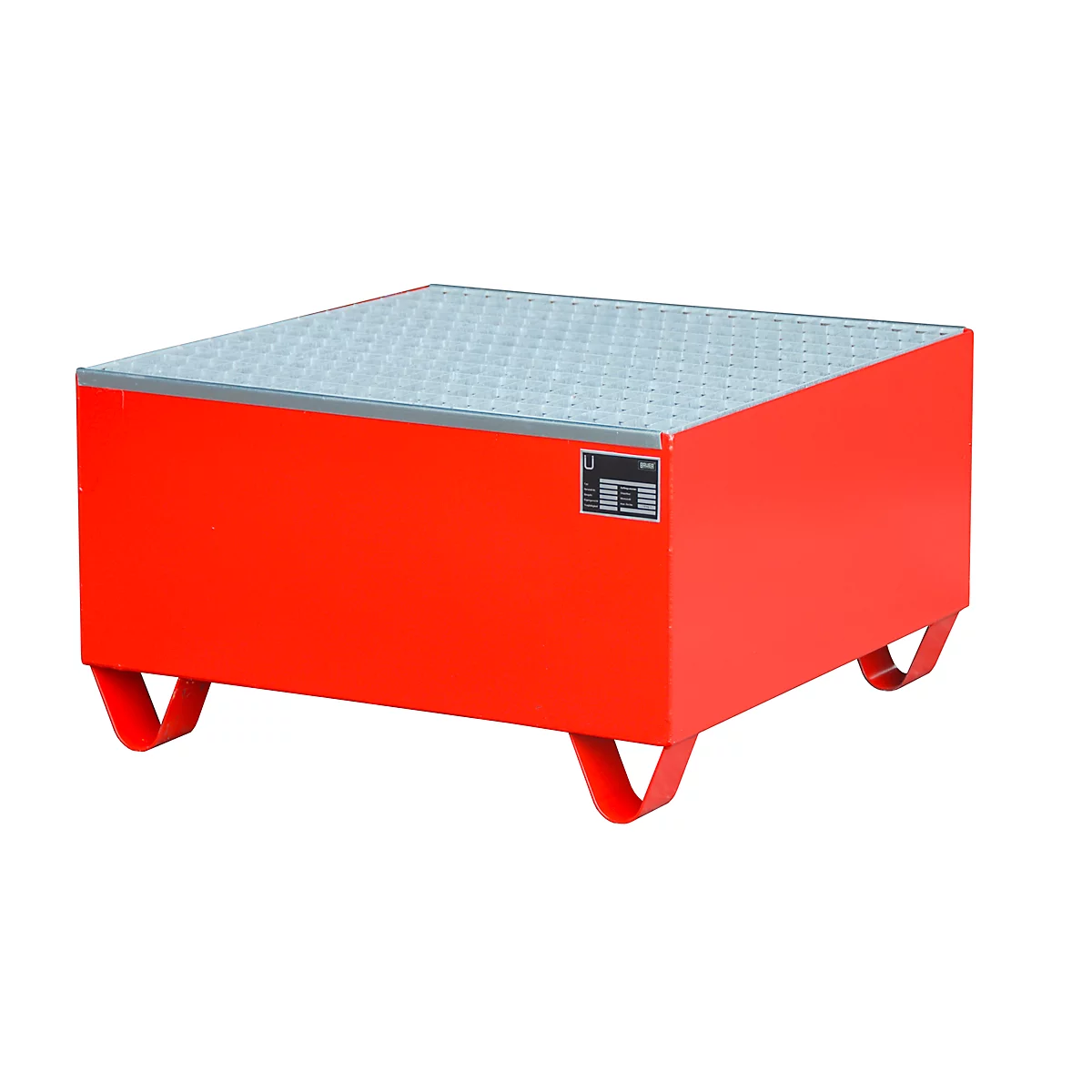 Stalen lekbak met rooster, 800 x 800 mm, rood RAL 3000